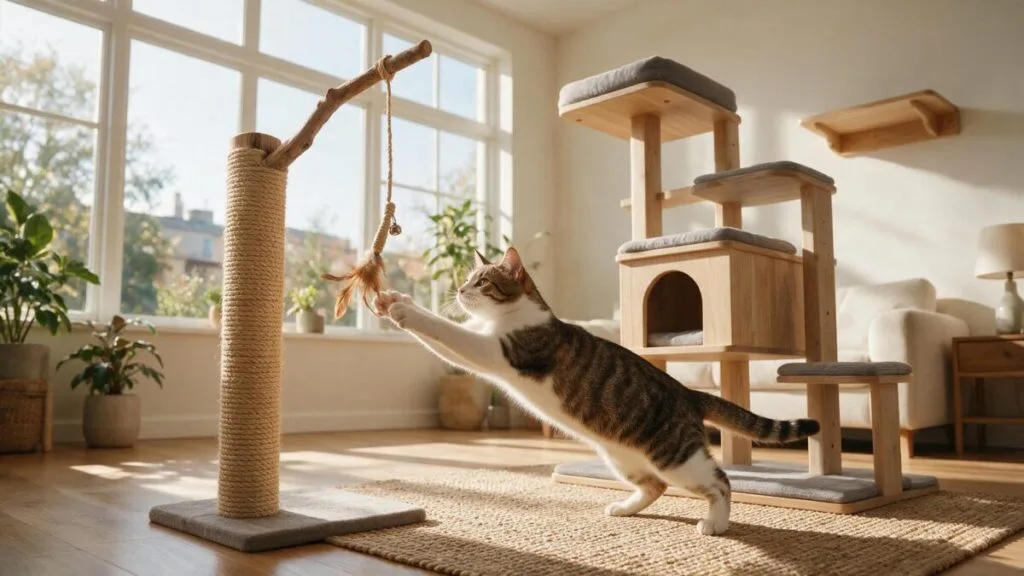 Brincadeiras, arranhadores e espaços verticais ajudam o gato a expressar comportamentos naturais dentro de casa.