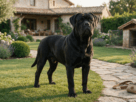 Cachorro Cane Corso adulto em pé em ambiente externo residencial.