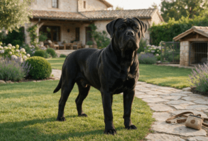 Cachorro Cane Corso adulto em pé em ambiente externo residencial.