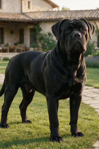 Cachorro Cane Corso adulto em pé em ambiente externo residencial.