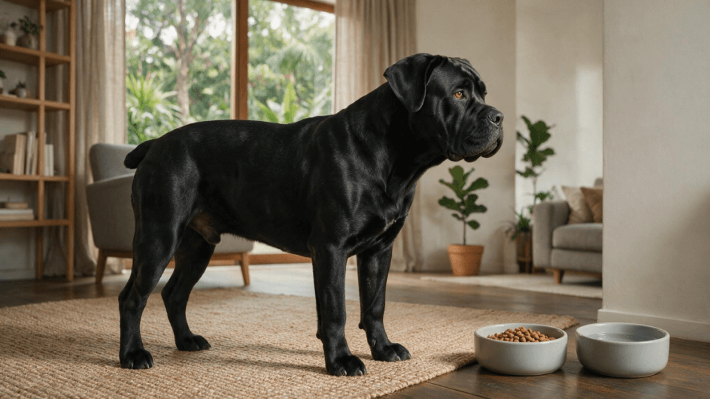 Cachorro Cane Corso saudável próximo ao recipiente de alimentação e água.