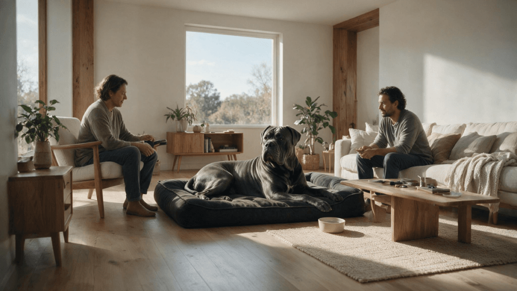 Cachorro Cane Corso adulto convivendo tranquilamente com tutores em ambiente familiar.