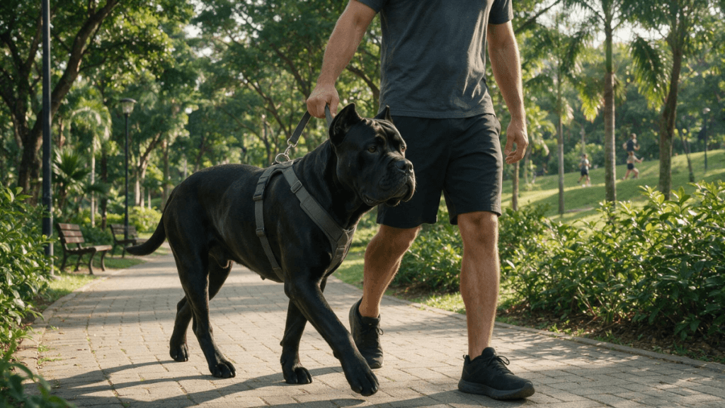Cachorro Cane Corso caminhando com o tutor durante passeio em área verde.