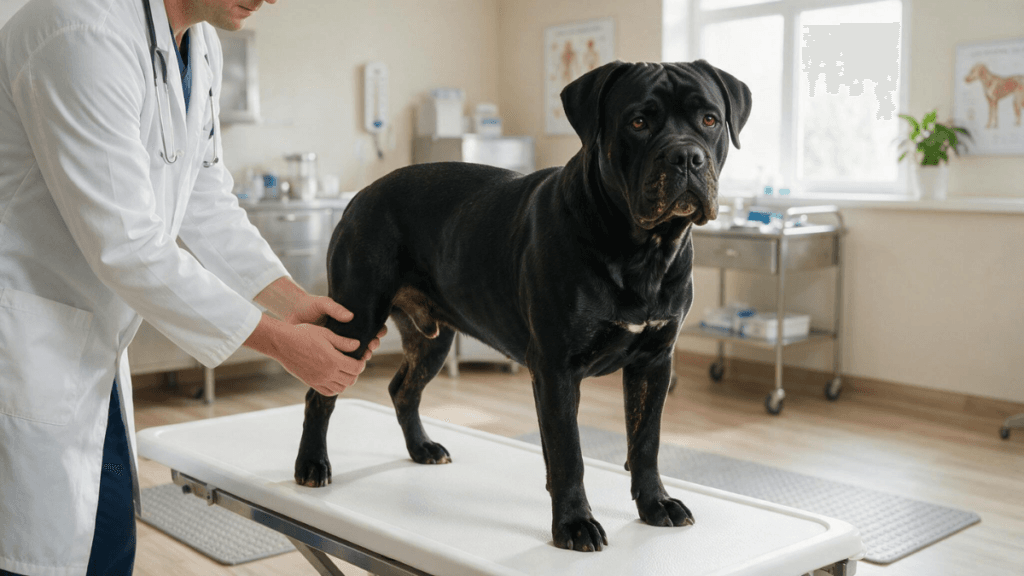 Cachorro Cane Corso durante avaliação preventiva com médico-veterinário