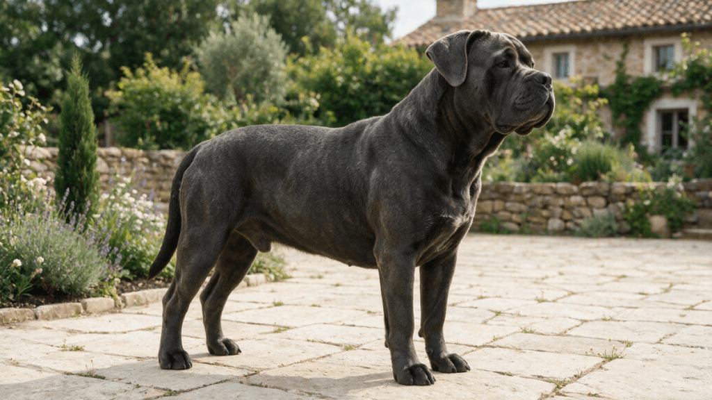 Cachorro Cane Corso adulto de corpo inteiro mostrando o porte e as características físicas da raça.