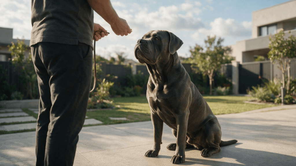 Cachorro Cane Corso atento ao tutor durante treinamento em ambiente externo.