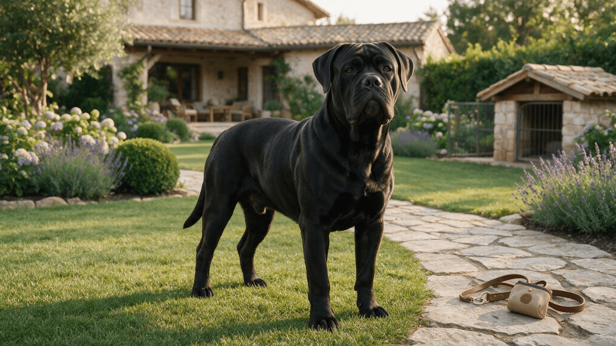 Cachorro Cane Corso adulto em pé em ambiente externo residencial.
