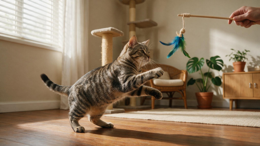 Gato feliz brincando com brinquedo de varinha dentro de casa.