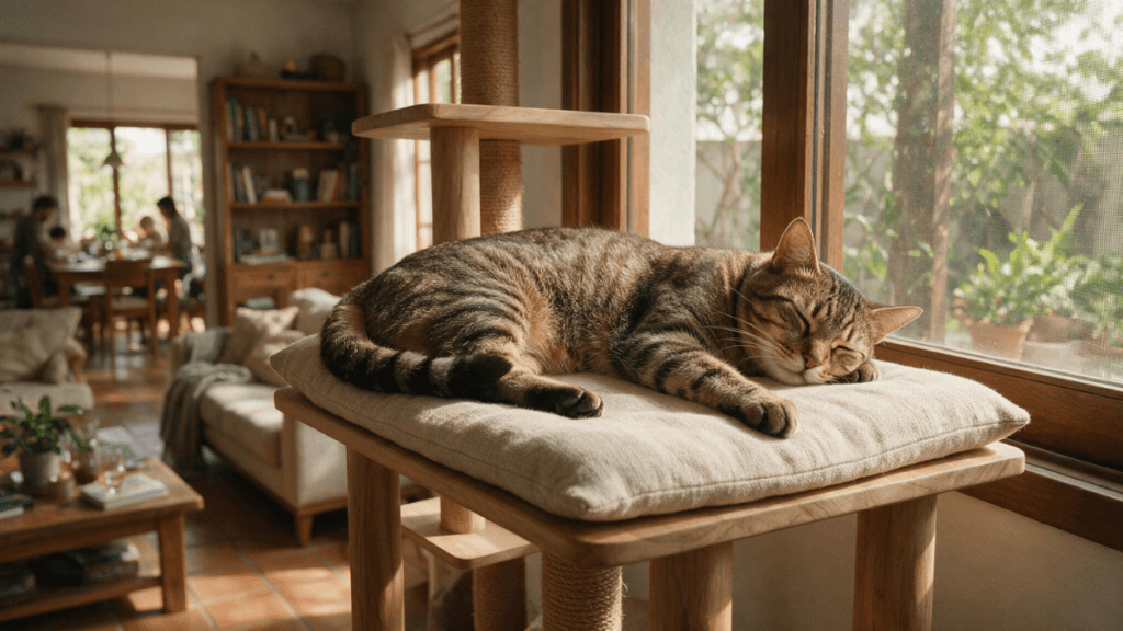 Gato feliz descansando relaxado em local elevado e seguro dentro de casa.