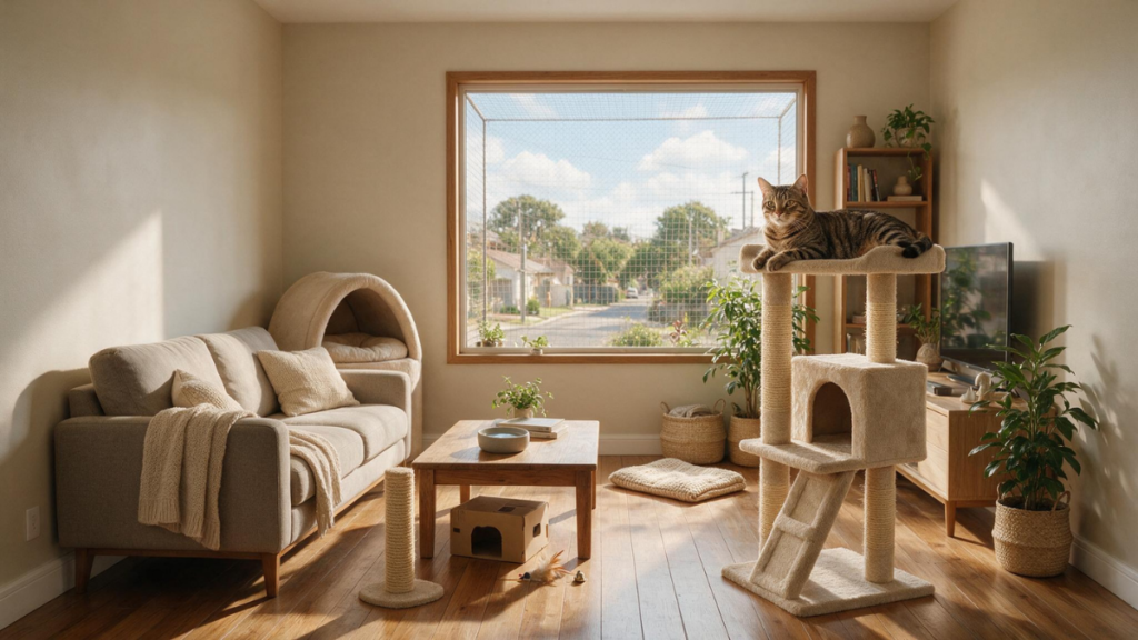 Gato feliz em ambiente enriquecido com arranhador, espaços verticais, esconderijo e brinquedos.