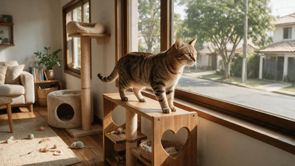 Gato feliz explorando espaço vertical próximo a uma janela protegida com tela.