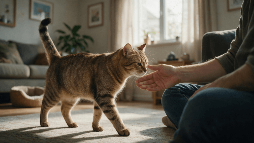 Gato feliz aproximando-se voluntariamente do tutor para interação.
