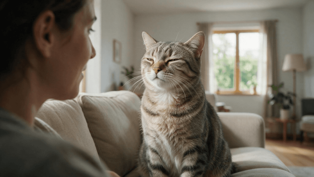 Gato feliz realizando piscar lento durante interação tranquila com o tutor.
