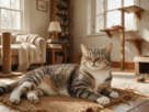 Gato feliz descansando relaxado em ambiente doméstico enriquecido.