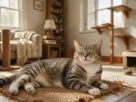 Gato feliz descansando relaxado em ambiente doméstico enriquecido.