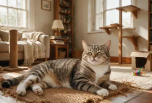 Gato feliz descansando relaxado em ambiente doméstico enriquecido.