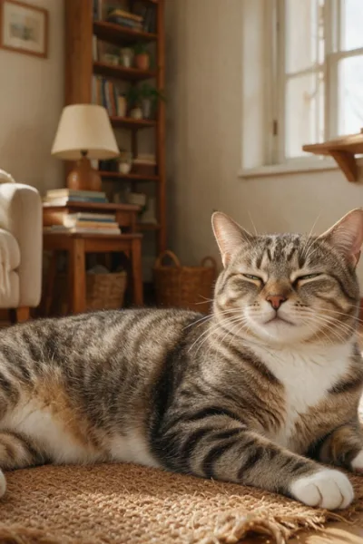 Gato feliz descansando relaxado em ambiente doméstico enriquecido.