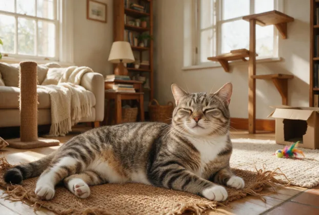 Gato feliz descansando relaxado em ambiente doméstico enriquecido.