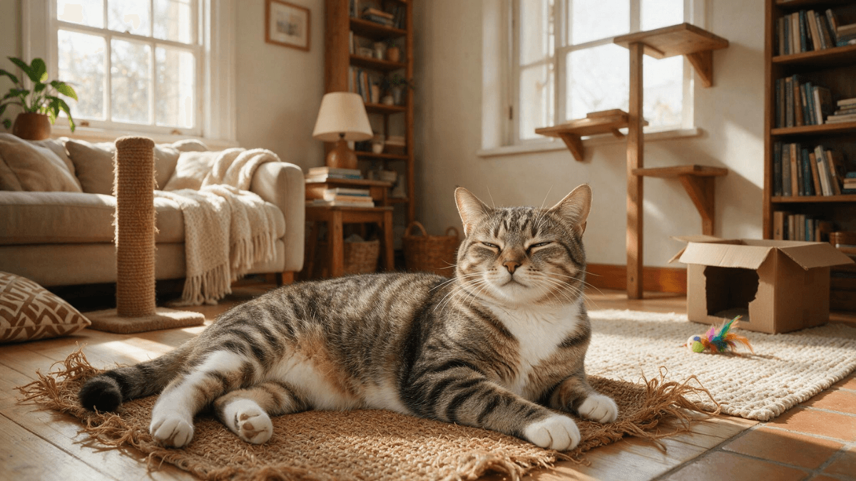 Gato feliz descansando relaxado em ambiente doméstico enriquecido.
